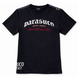 Parasuco Denim Legend Shirt Womens Black Y2K Studded Shoulder Graphic Tee
